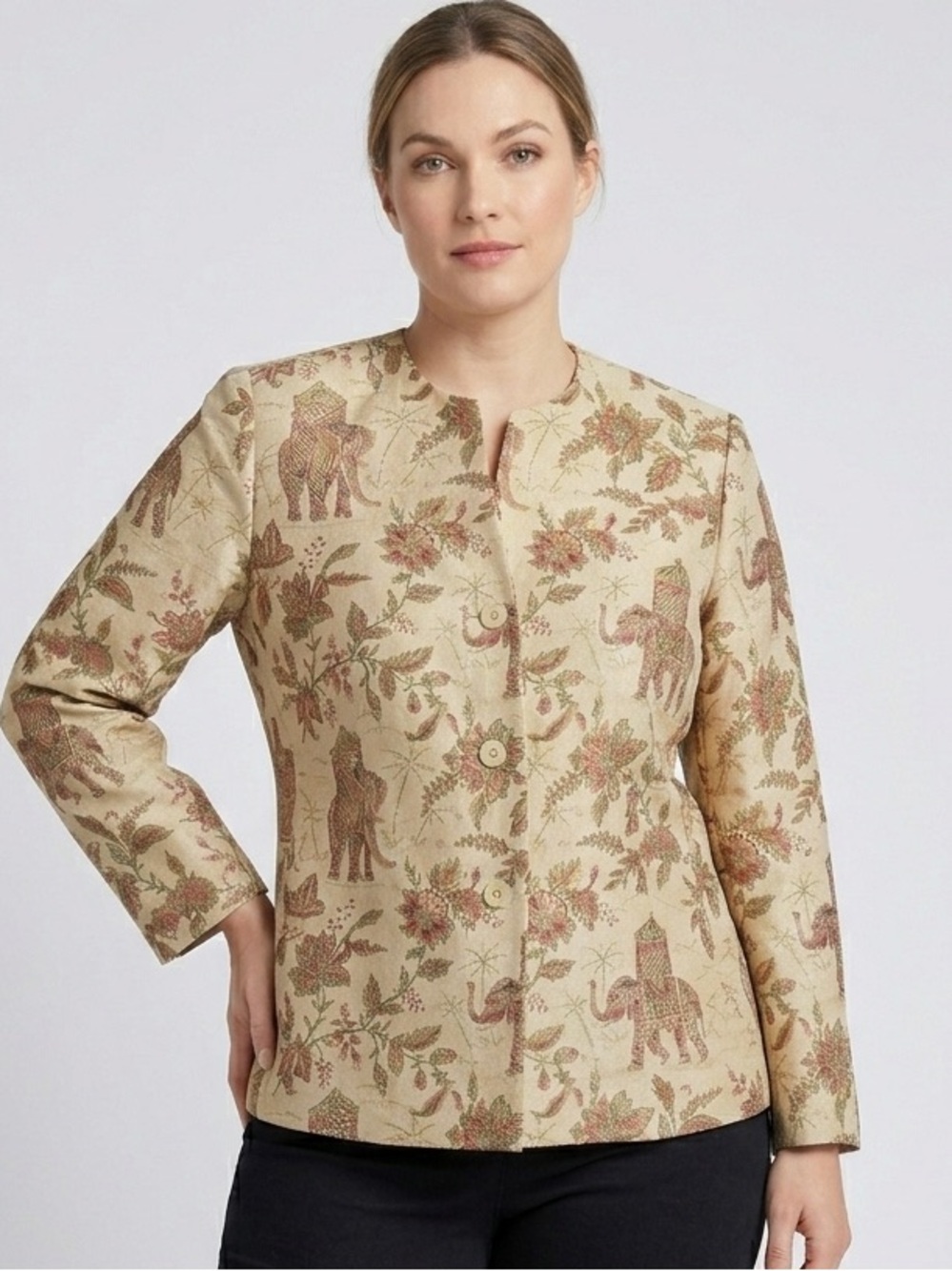 Vintage Talbots 100% Silk Elephant Floral Blazer 14 Jacket Long Sleeve Plus